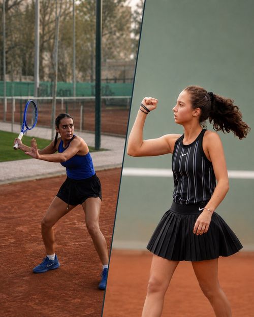 Marta Lopez preparing a backhand on the left and Patricia Grigoras celebrating a won point on the right